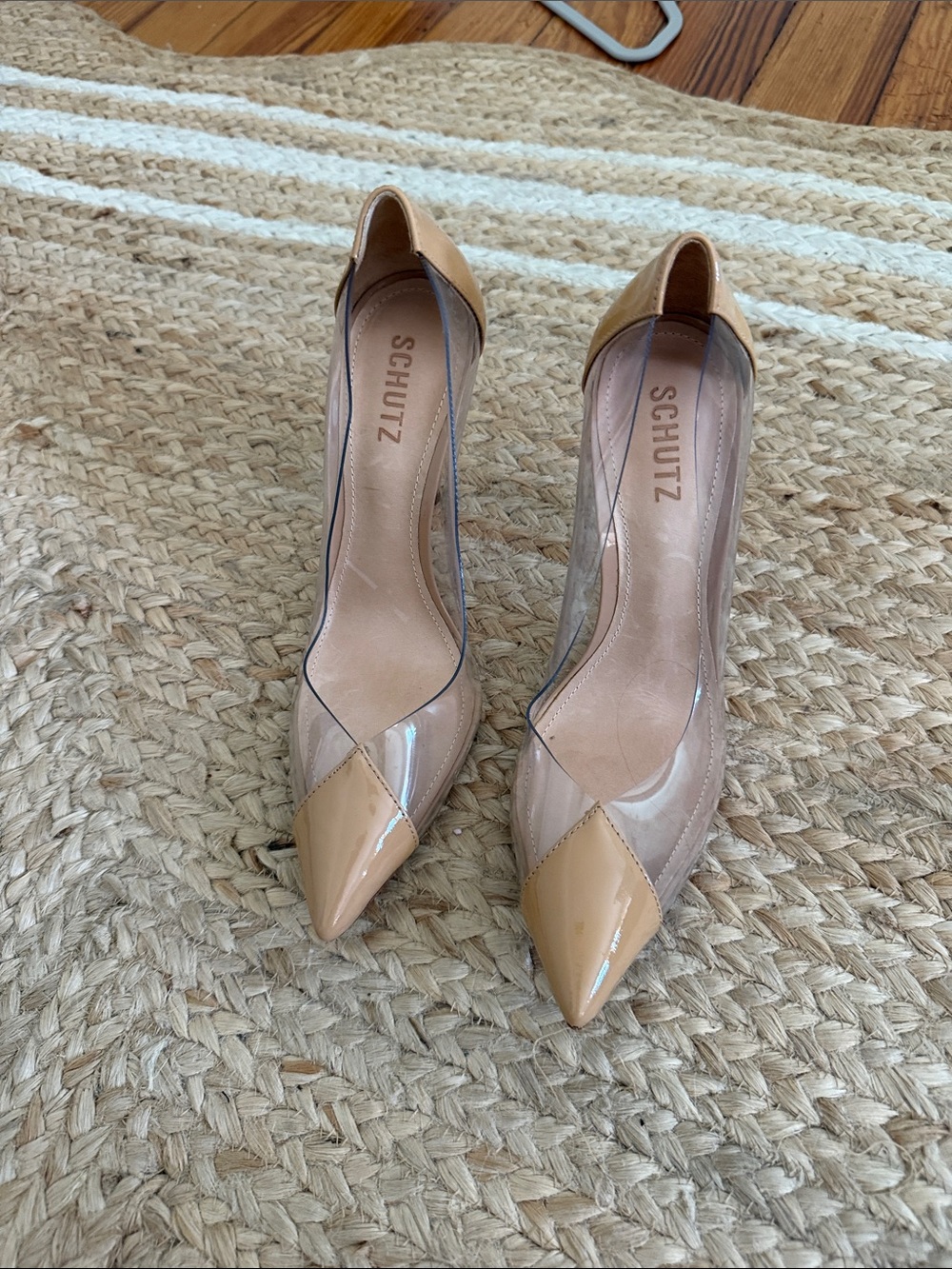 SCHUTZ Nude Patent Pointed Toe Pumps with Clear Panels